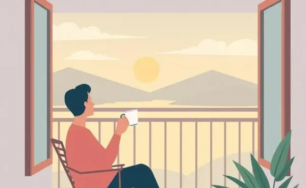 A person enjoying morning tea with a serene view