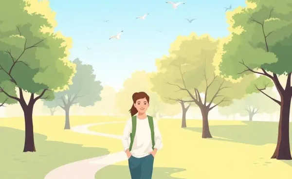 Person enjoying a peaceful morning walk in a sunny park