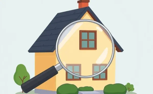 Cartoon-style illustration of a house being appraised with a magnifying glass