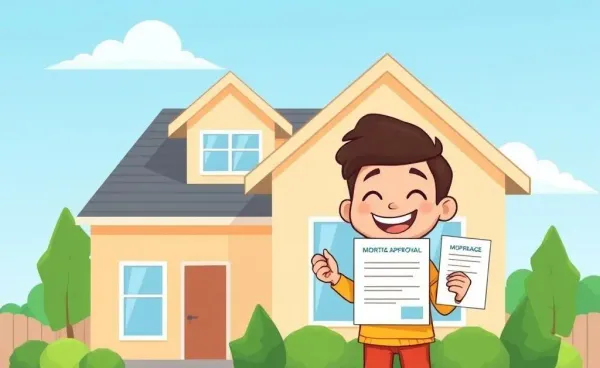 A person happily holding a mortgage approval paper in front of a house