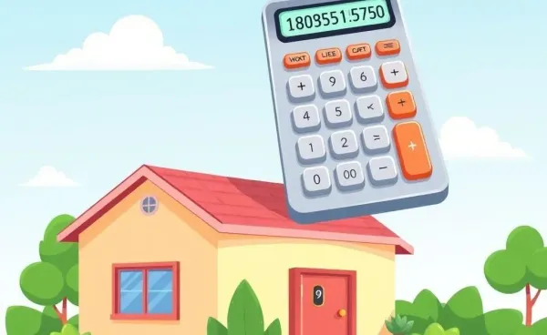 A whimsical house with a floating calculator showing mortgage calculations