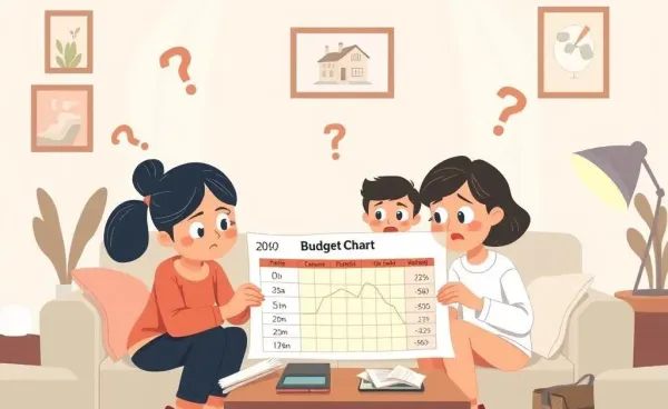 A cartoon family visibly overwhelmed with mortgage documents and a calculator.