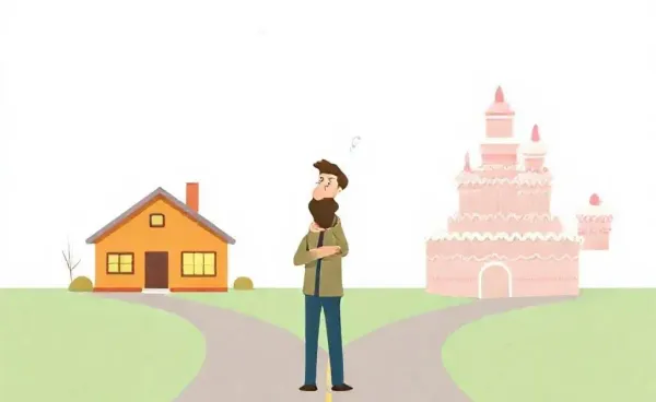 A man at a crossroads deciding between a house and a cake factory