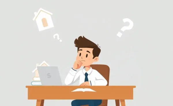 A person pondering finances with interest rates and a house sketch