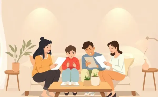 A family discussing mortgage options in a living room setting with financial papers on the desk.