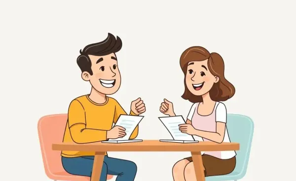 A cheerful couple discussing mortgage plans at a table.