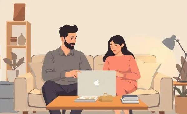 A couple discussing mortgage plans in a living room.