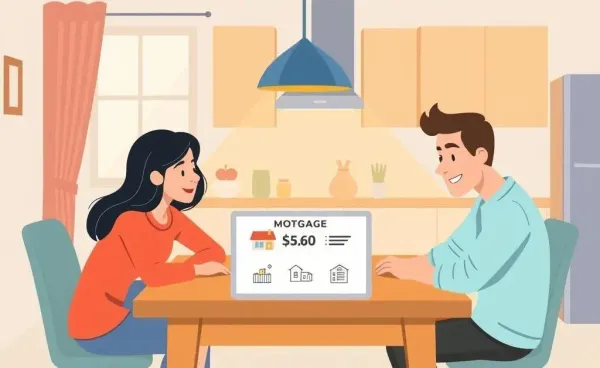A family discussing their mortgage details at a kitchen table