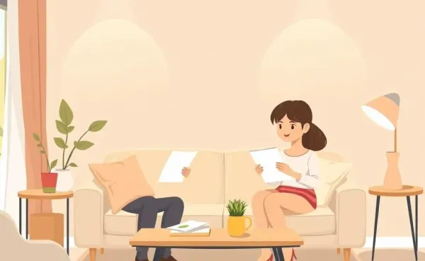 A couple discussing mortgage paperwork in a cozy living room