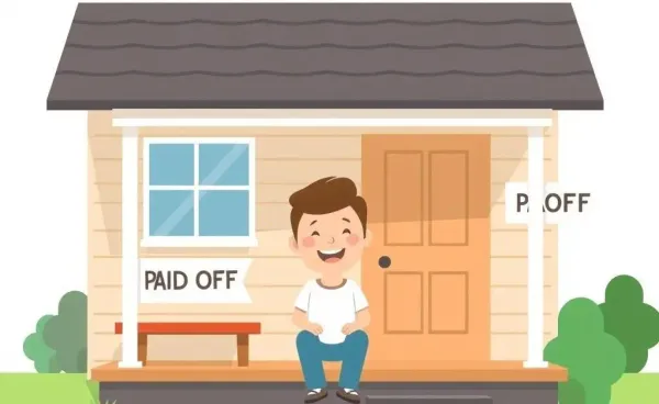 A happy person sitting on their porch with a 'Paid Off' sign