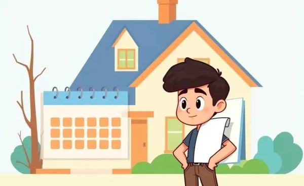 Cartoon of a person with calendar and house in the background, representing the mortgage fund release timeline