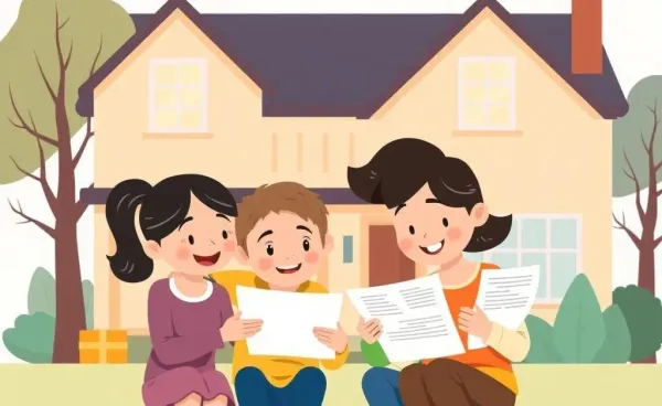 A family reviewing mortgage papers in front of their home.