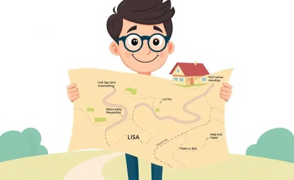 Illustration of a guide holding a map with paths leading to a house