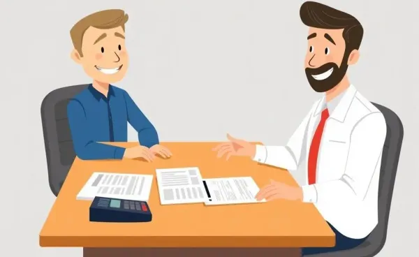 Cartoon of a desk with mortgage documents and a calculator