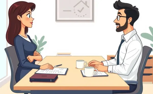 Cartoon of a homebuyer and a lender having a meeting over coffee