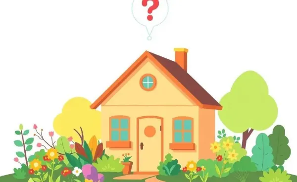 A cozy home surrounded by a garden with a thought bubble above it containing a question mark