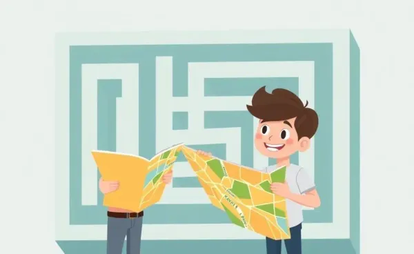 A cartoon person guiding another through a mortgage maze with a colorful map