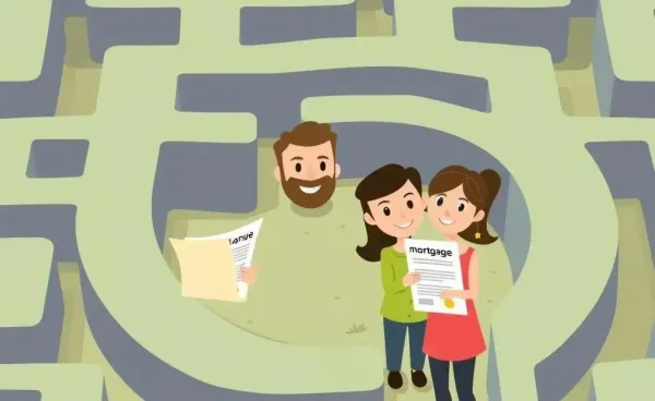 Cartoon-style maze with a guide and a couple holding a mortgage document