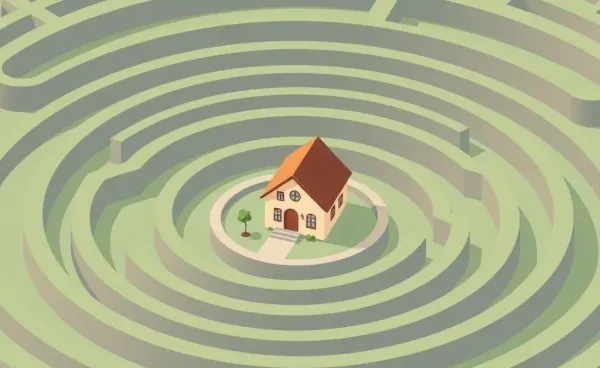 A cartoon-style maze with a house at its center
