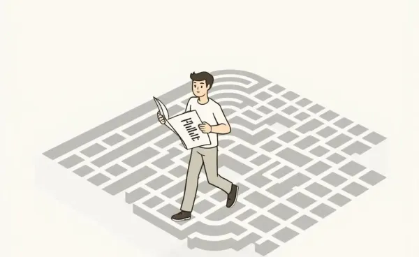 Illustration of a person navigating a large maze with a roadmap