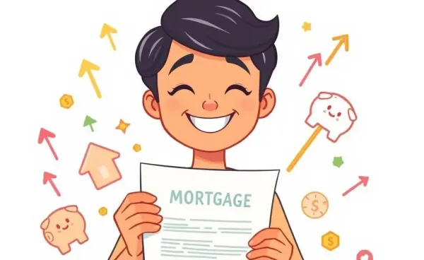 A person smiling confidently with a mortgage document surrounded by symbols of financial stability