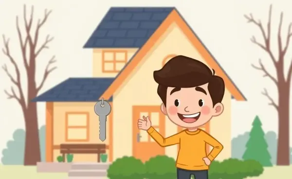 Illustration of person holding a house key in front of a cozy home