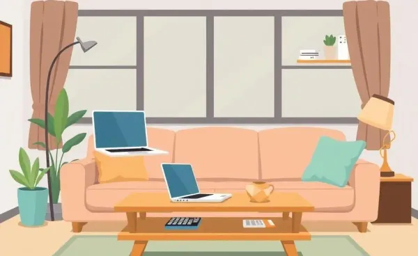 Cozy living room scene with a laptop and calculator.