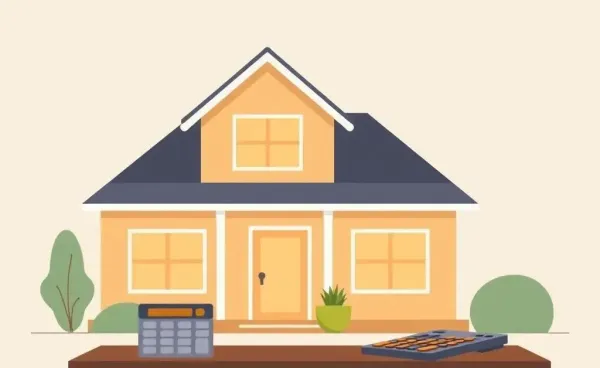 Cartoon image of a cozy home and a calculator on a table.