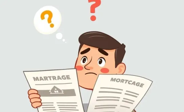 A confused homeowner looking at mortgage papers with a question mark overhead.