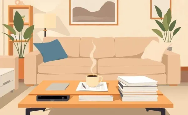 A cozy living room with mortgage documents on the table and a warm coffee cup