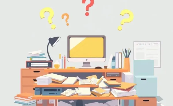 Cartoon of a desk with floating question marks