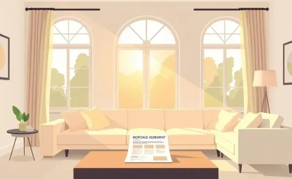 Living room with mortgage document on the table and sunlight streaming in