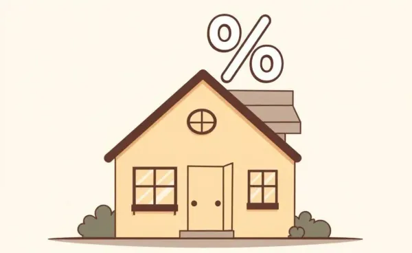 Cartoon image of a house with a percentage symbol representing mortgage rates