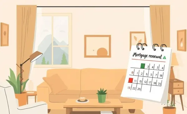 Illustration of a calendar in a cozy room marked for mortgage renewal