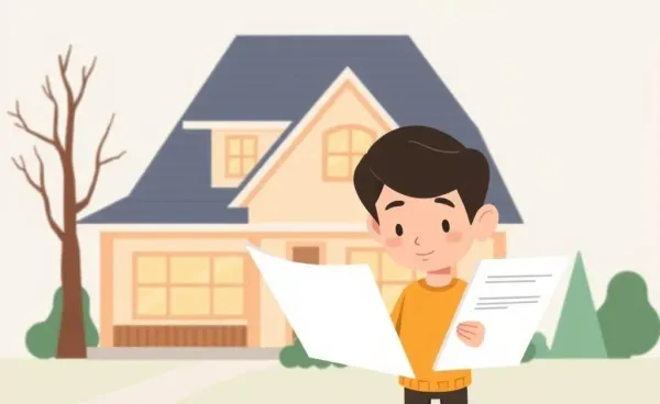 Illustration of a person reviewing mortgage renewal documents with a house in the background