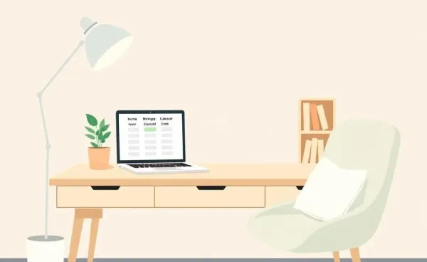 A cozy home office scene with a laptop showing a mortgage calculator