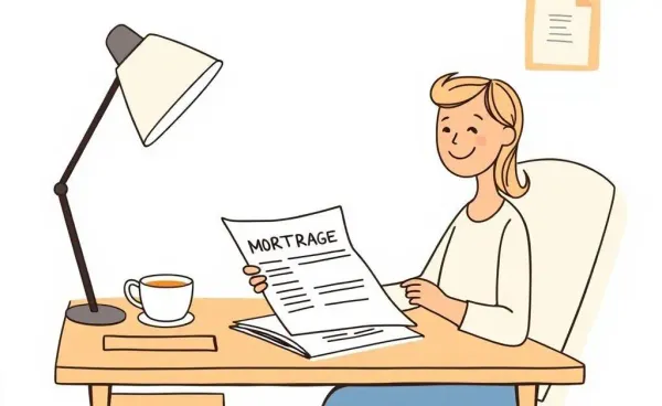 Illustration of a person reviewing mortgage papers with tea