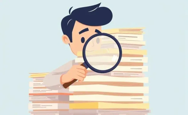 Cartoon of a person examining mortgage documents with a magnifying glass