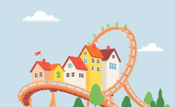 Cartoon rollercoaster with houses and dollar signs representing mortgage rates.