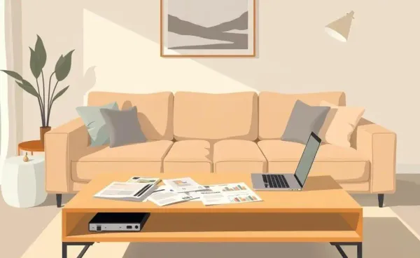 A cozy living room with financial documents on the table.
