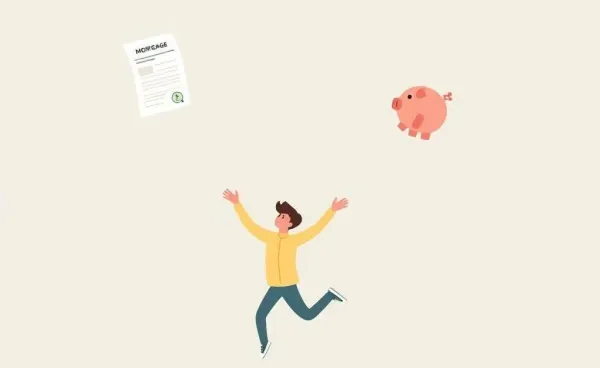 A whimsical illustration of a person juggling a mortgage document and a piggy bank