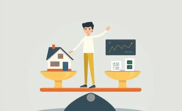Person balancing a house and stocks on a scale