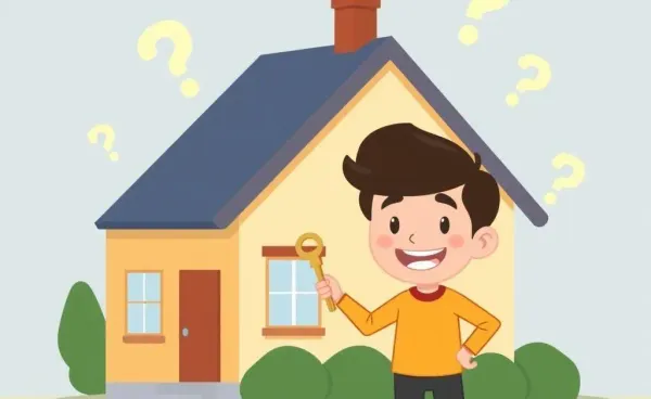 A person holding house keys with question marks above their head next to a house.