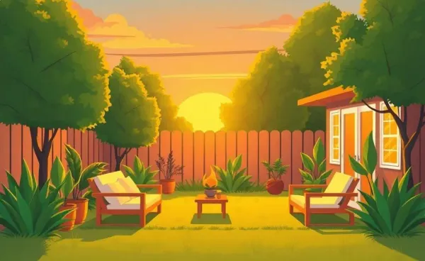 A tranquil backyard without any mosquitoes at sunset.