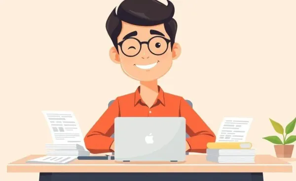 A person in their 30s planning finances at a desk with a laptop and documents.