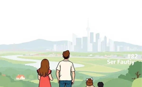 Illustration of a family exiting a city towards nature.