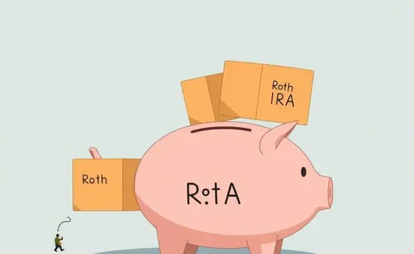 Cartoon-style image of a person moving investments into a Roth IRA piggy bank