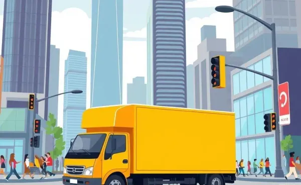 Illustration of a moving truck in a bustling cityscape