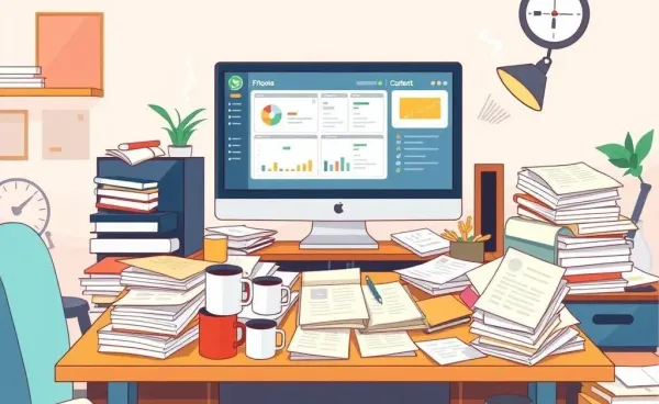 A cluttered desk with paperwork and a computer showing a loan origination system