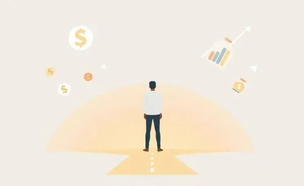 Person at crossroads with financial symbols around them